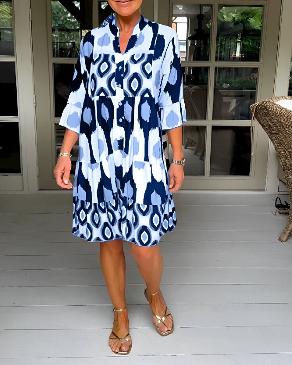 Parker Geometric Tiered Midi Dress Blue