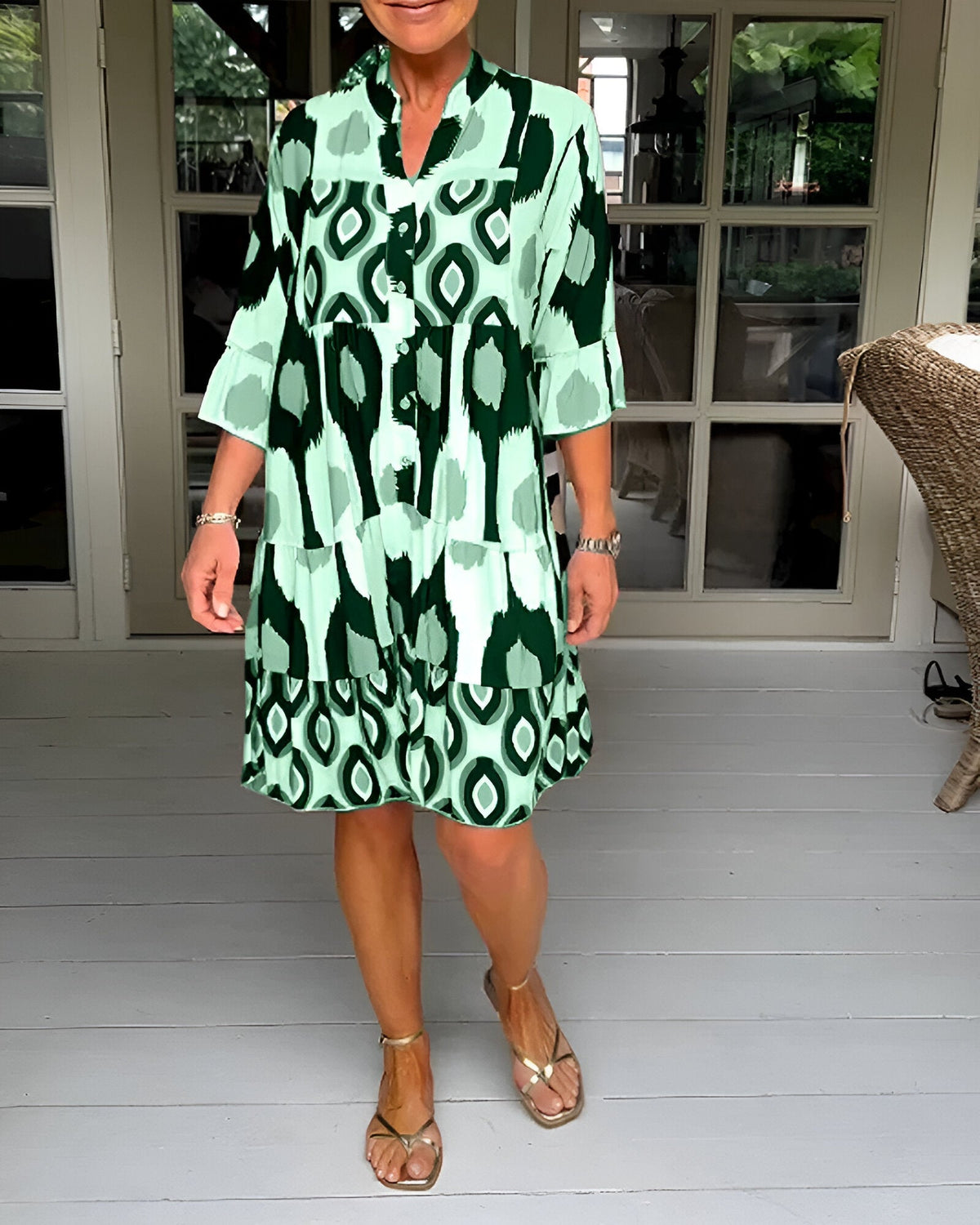 Parker Geometric Tiered Midi Dress Green