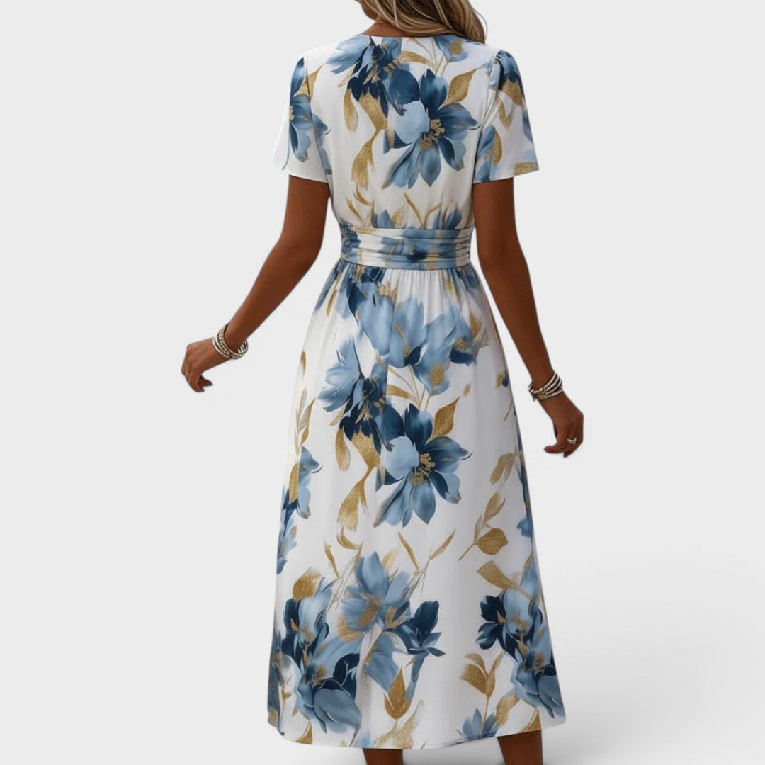 Denise Floral Wrap Waist Midi Dress - Blue Floral
