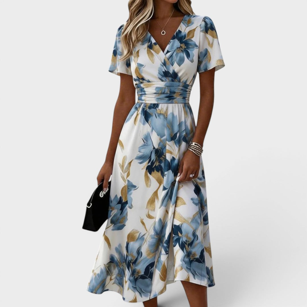 Denise Floral Wrap Waist Midi Dress - Blue Floral