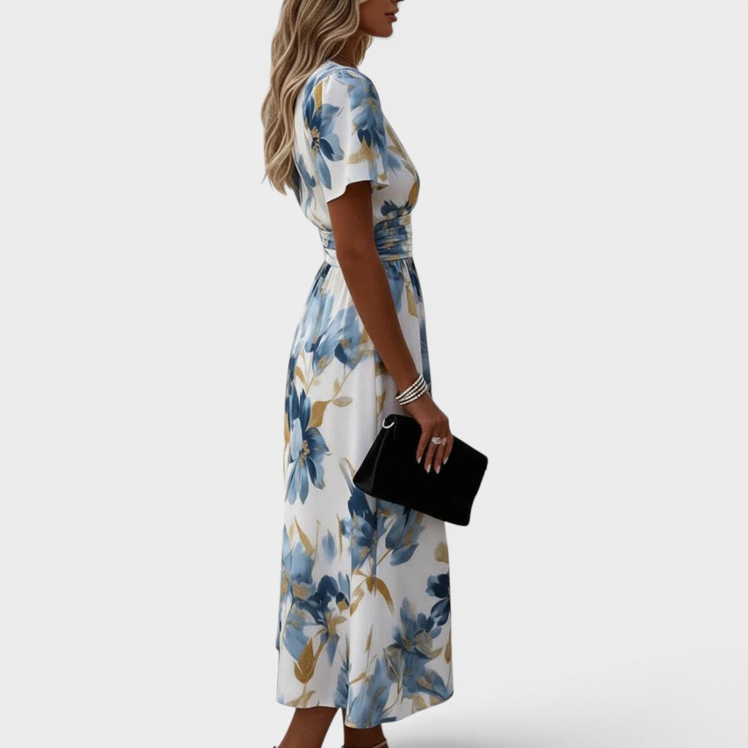 Denise Floral Wrap Waist Midi Dress - Blue Floral