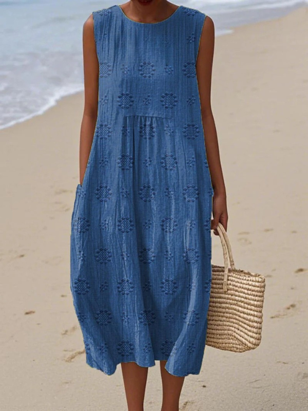 Daisy Pattern Midi Dress - Blue