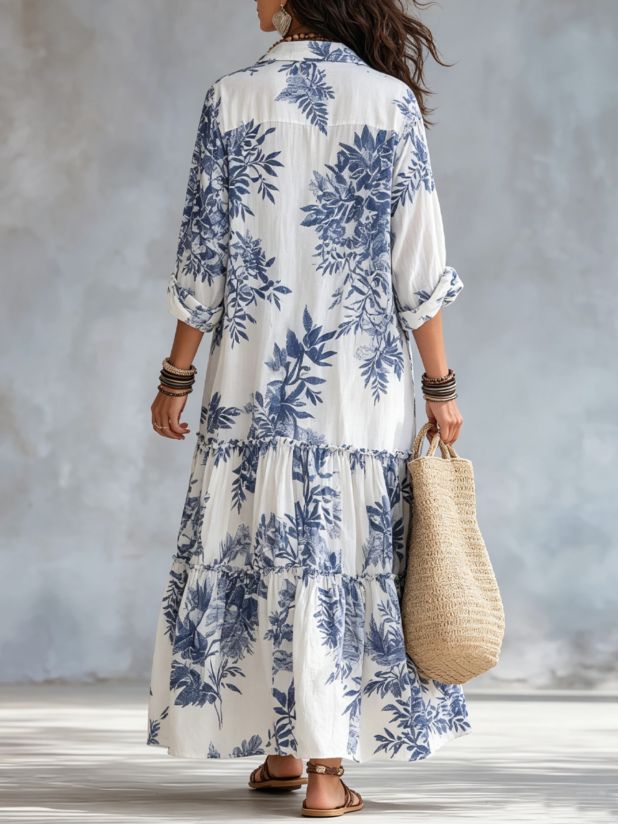 Dahlia Bohemian Blue Floral Button-Down Tiered Maxi Dress