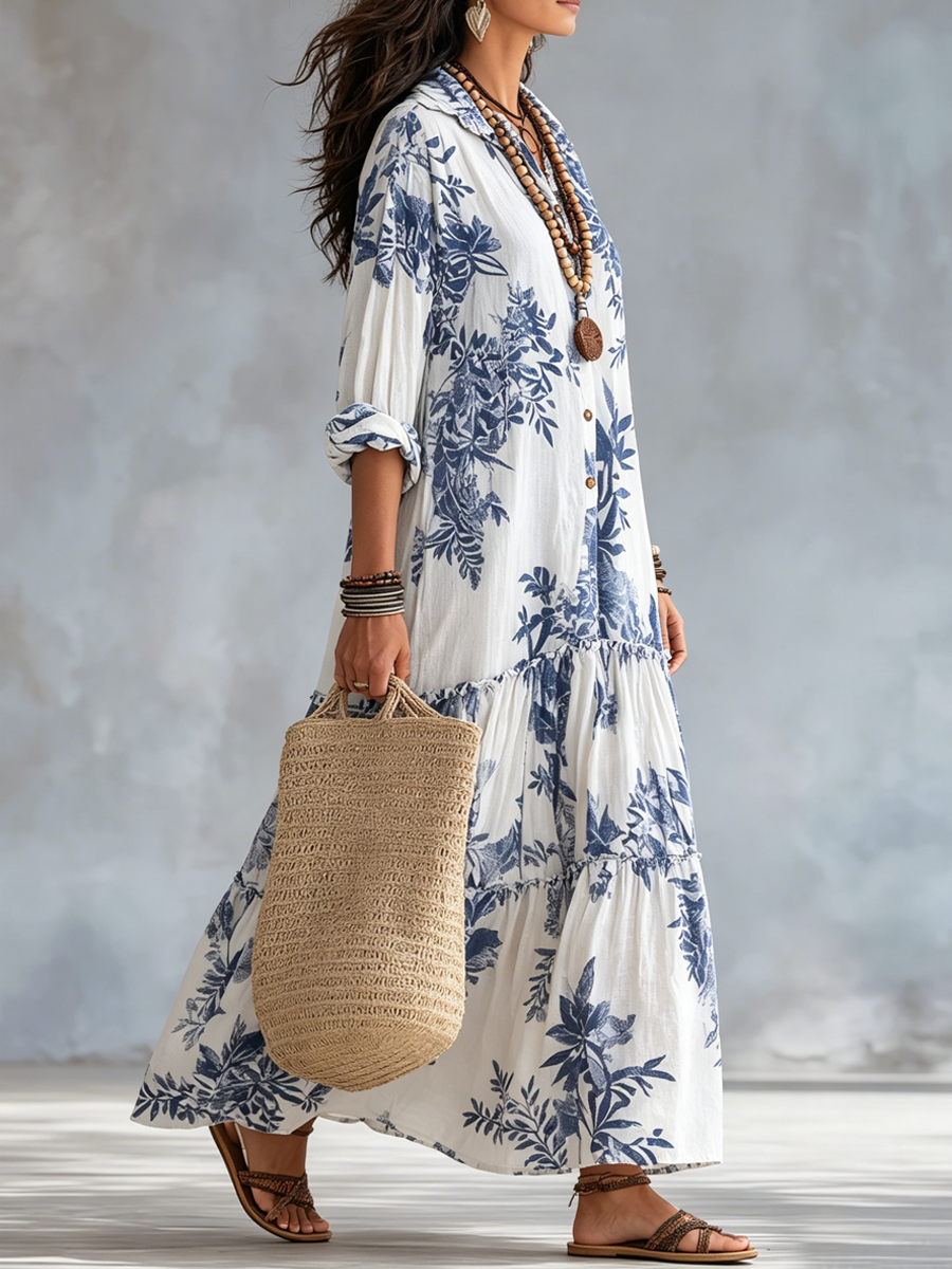 Dahlia Bohemian Blue Floral Button-Down Tiered Maxi Dress