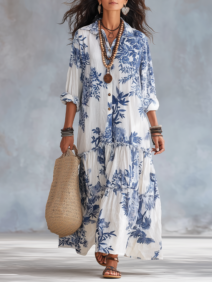 Dahlia Bohemian Blue Floral Button-Down Tiered Maxi Dress