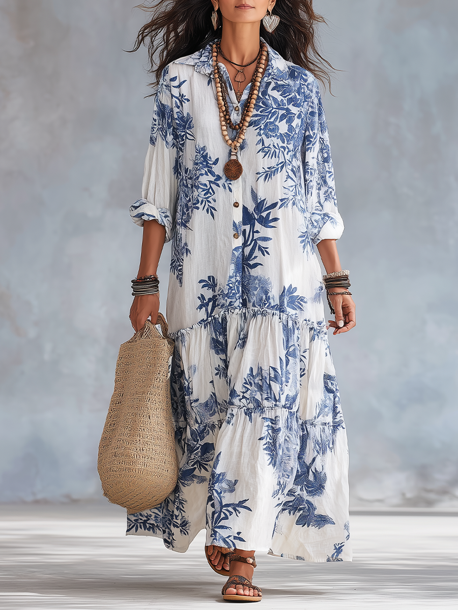 Dahlia Bohemian Blue Floral Button-Down Tiered Maxi Dress