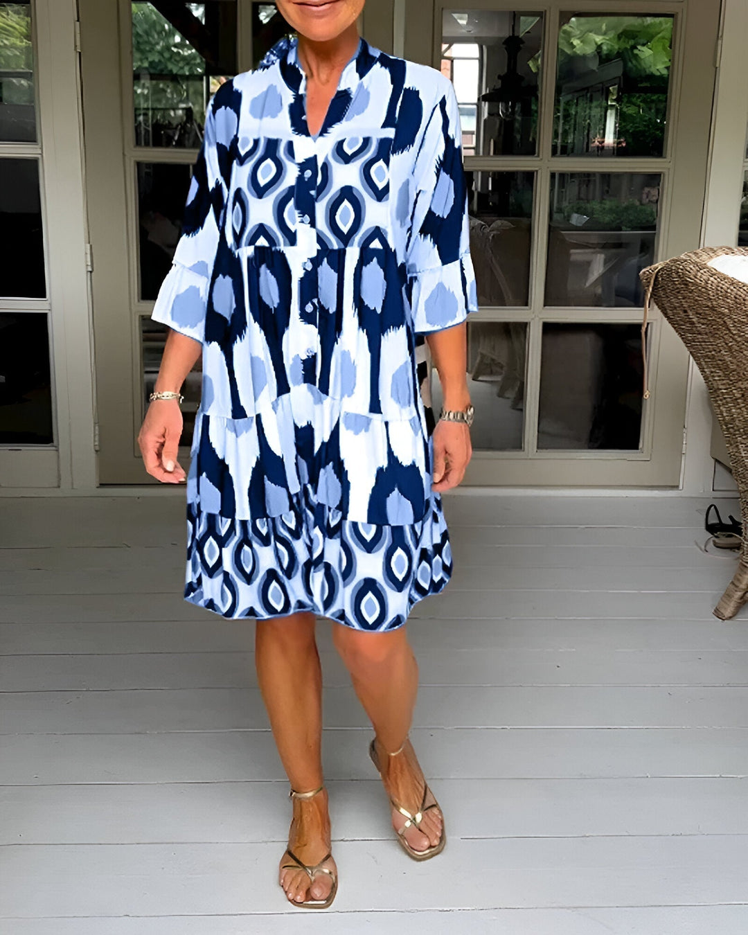 Parker Geometric Tiered Midi Dress Blue
