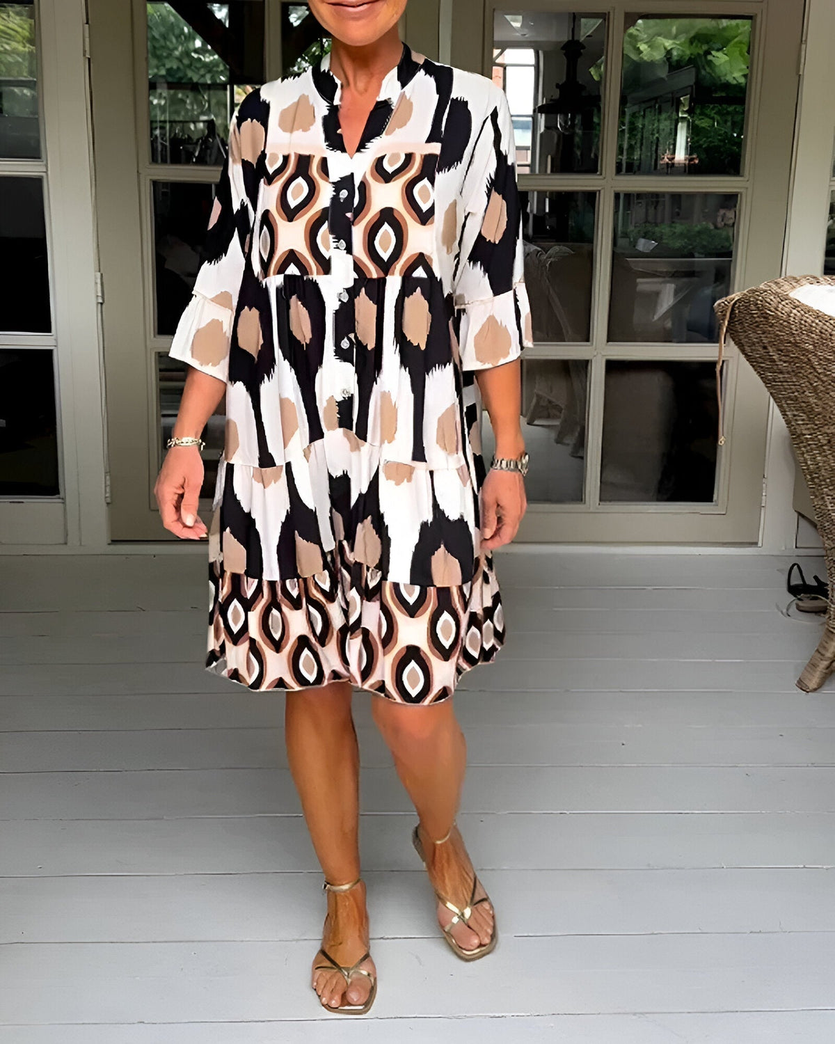 Parker Geometric Tiered Midi Dress Beige
