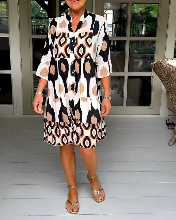 Parker Geometric Tiered Midi Dress Beige