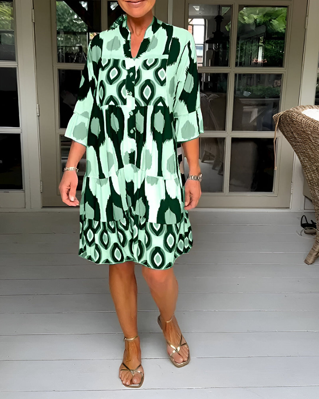 Parker Geometric Tiered Midi Dress Green