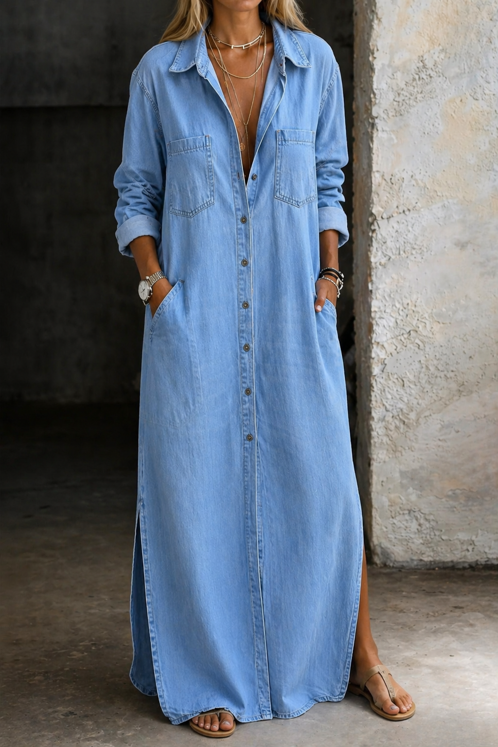 Andrea | Denim Button-Down Dress - Blue