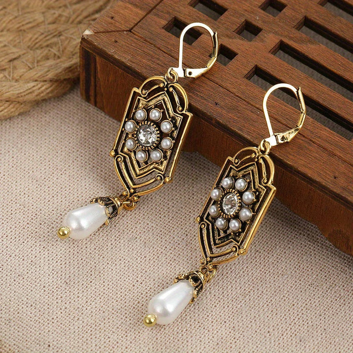 Vintage Golden Inlaid Pearl Earrings