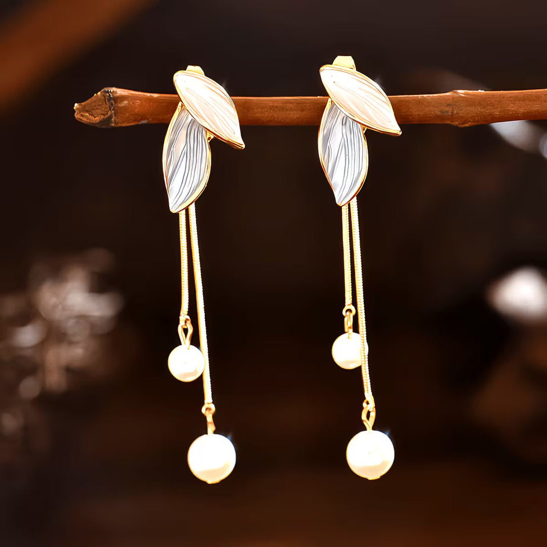 Long Pearl Leaf Earrings