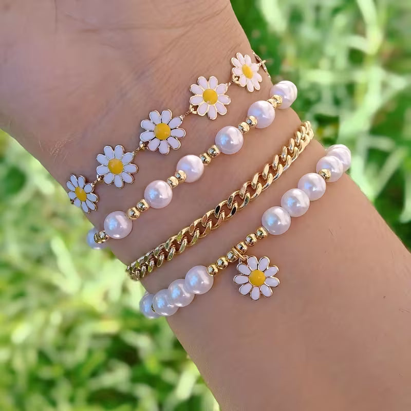 Pearl Daisy Stacking Bracelet Set of 4