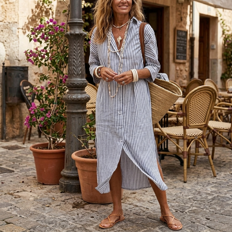 Willow | Elegant Striped Summer Dress - Light Grey