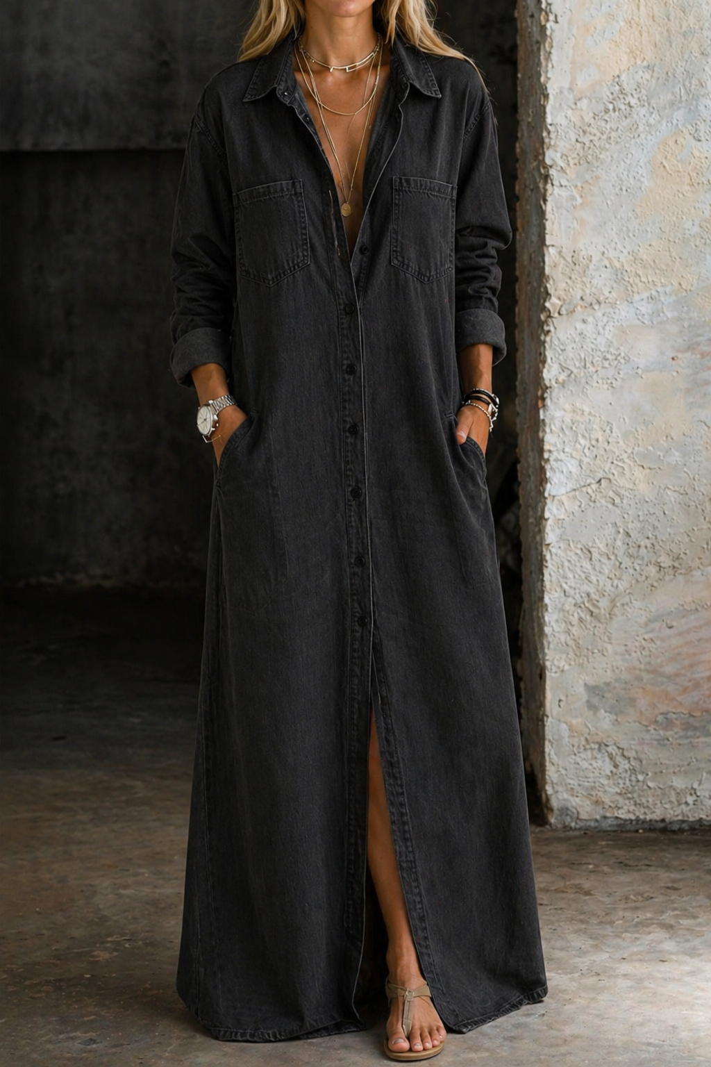Andrea | Denim Button-Down Dress - Black