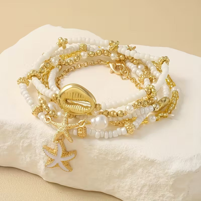 Coastal Gold & Pearl Bracelet Set of 6