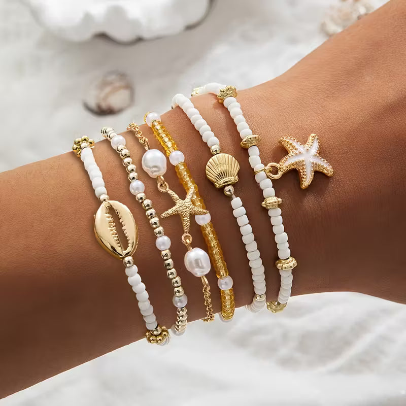 Coastal Gold & Pearl Bracelet Set of 6