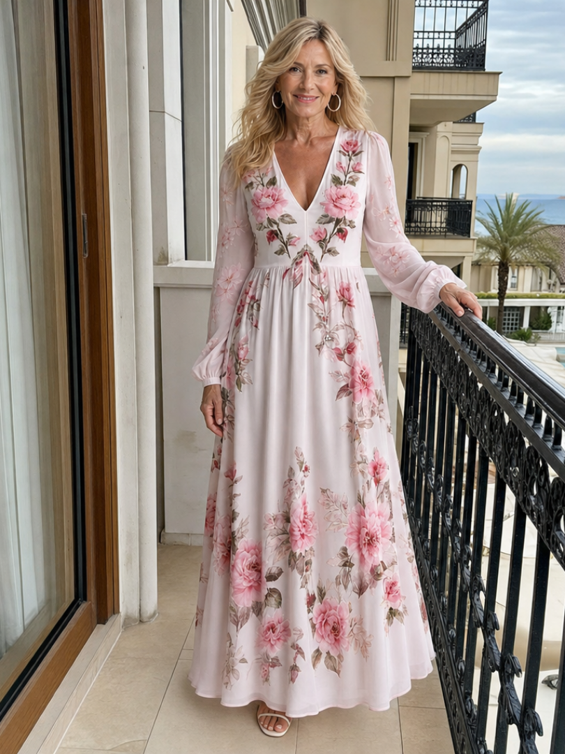 Emina | Floral V Neck Long Sleeve Midi Dress