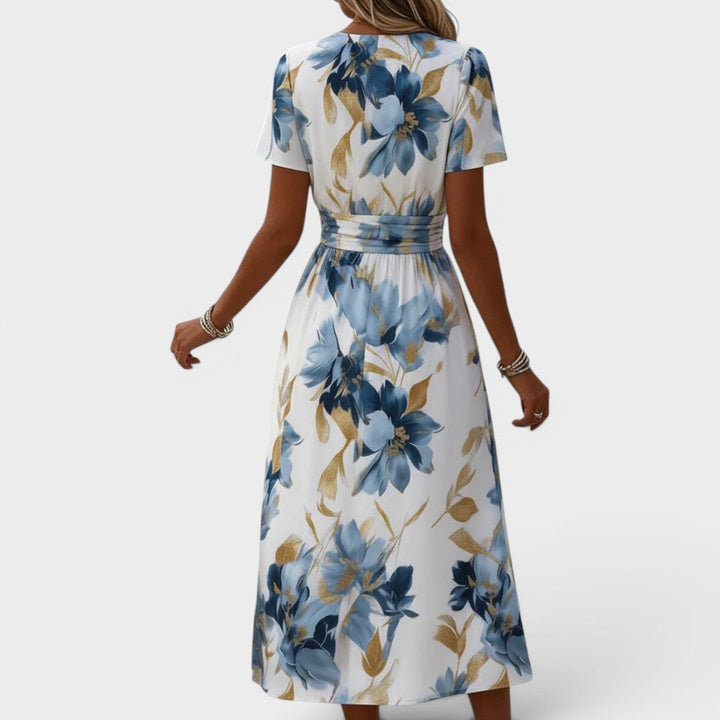 Denise Floral Wrap Waist Midi Dress - Blue Floral