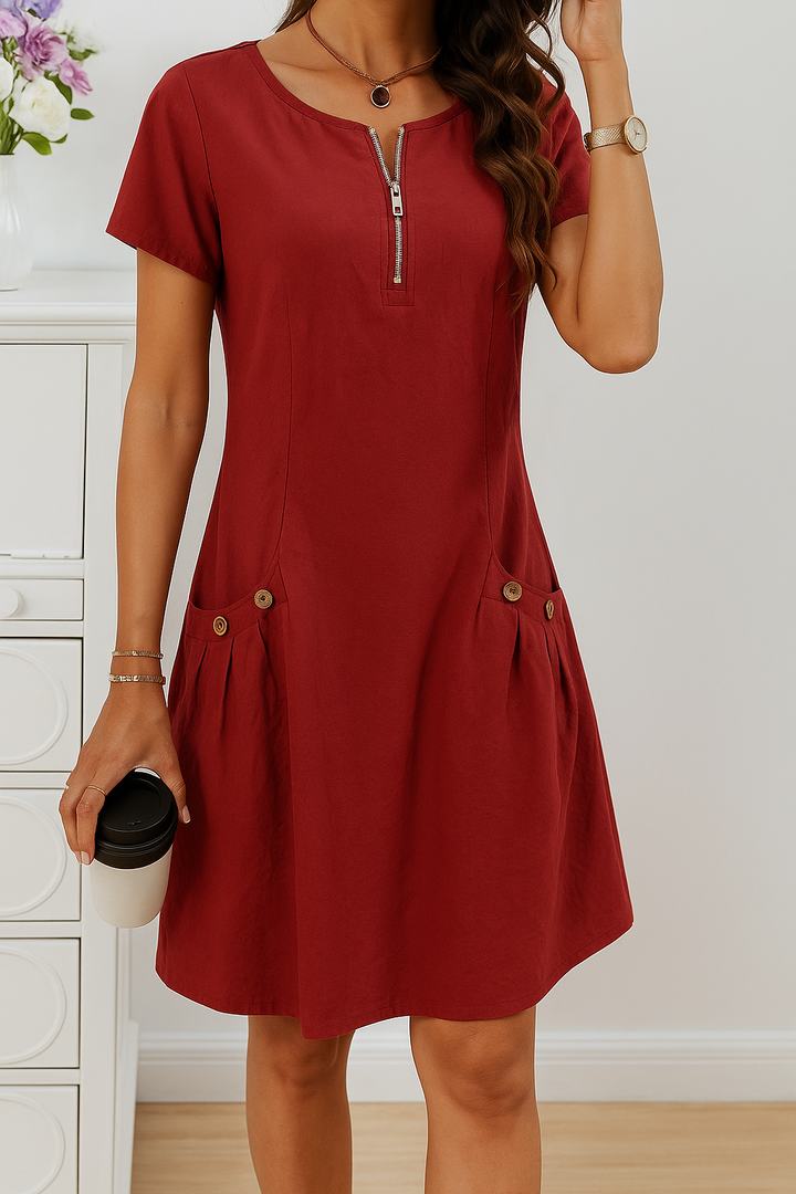 Relaxed  Midi Dress with Half Zip and Side Pockets