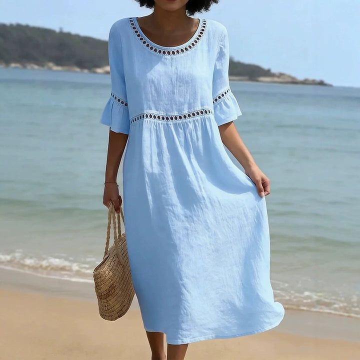 Relaxed  Summer Midi Dress with Hollow Out Detail and Flared Sleeves