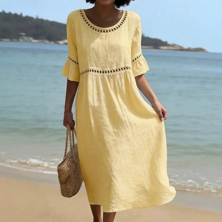 Relaxed  Summer Midi Dress with Hollow Out Detail and Flared Sleeves