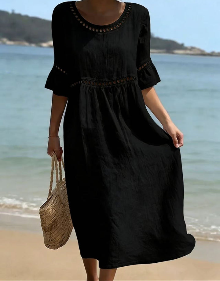 Relaxed  Summer Midi Dress with Hollow Out Detail and Flared Sleeves