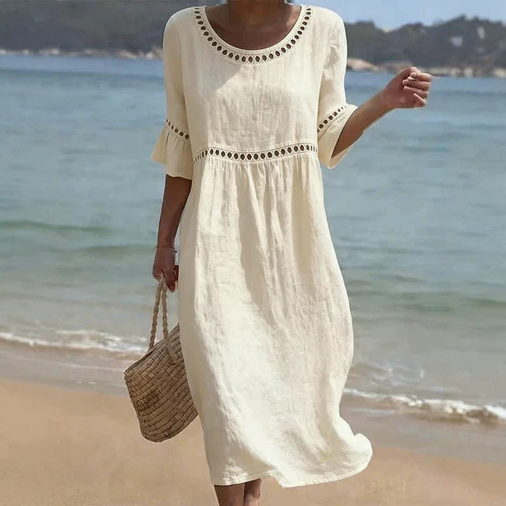 Relaxed  Summer Midi Dress with Hollow Out Detail and Flared Sleeves