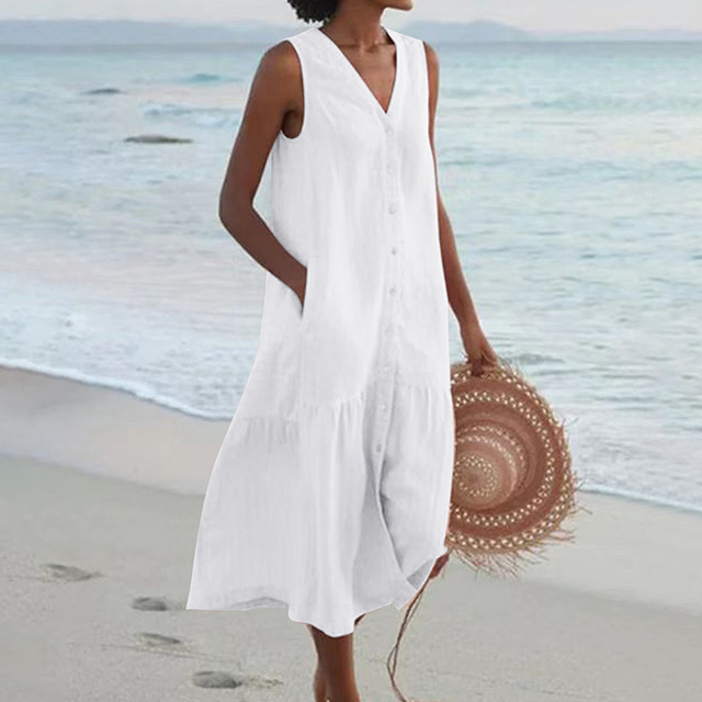 Relaxed Sleeveless  Midi Dress with Tiered Hem
