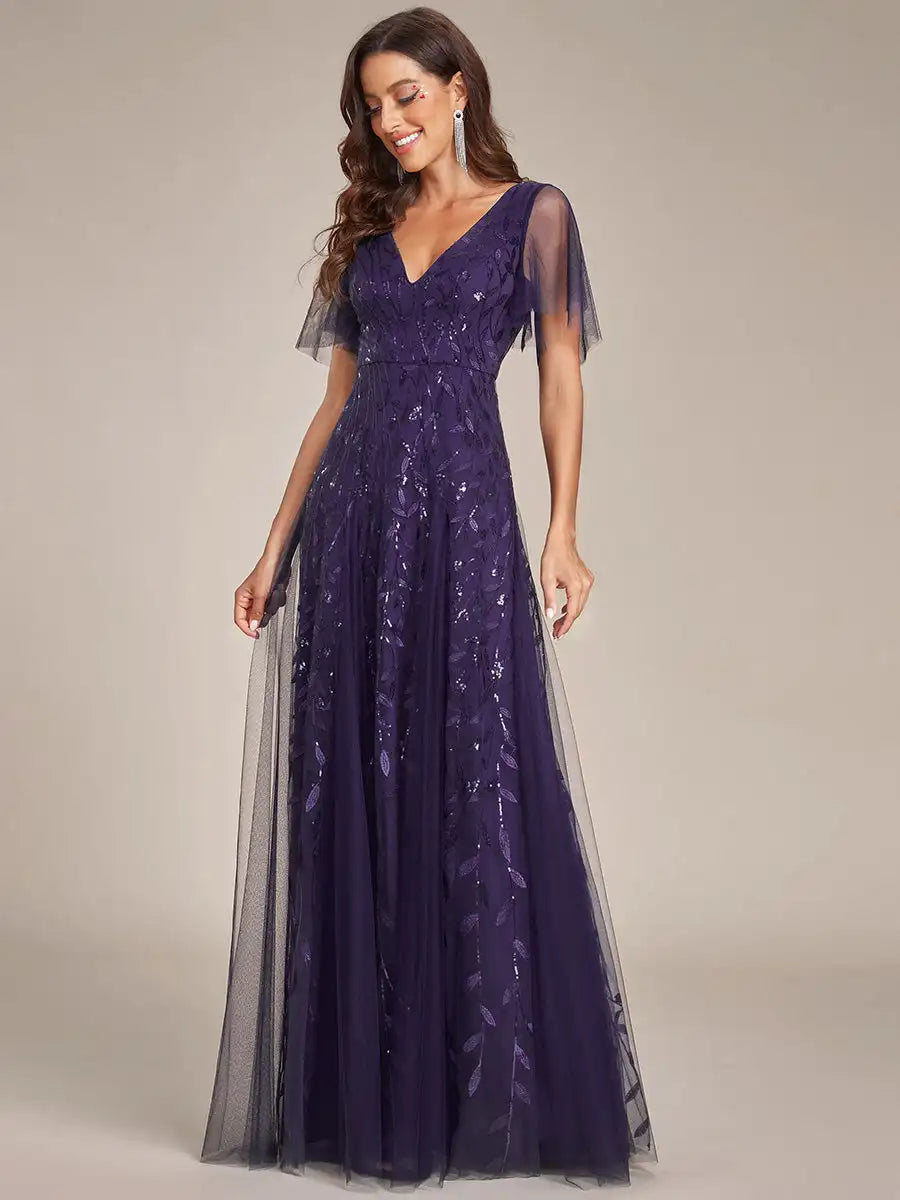 Tessa | Sequin Ruffle Sleeve Evening Dress