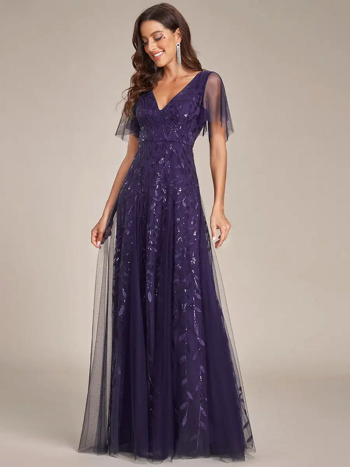 Tessa | Sequin Ruffle Sleeve Evening Dress