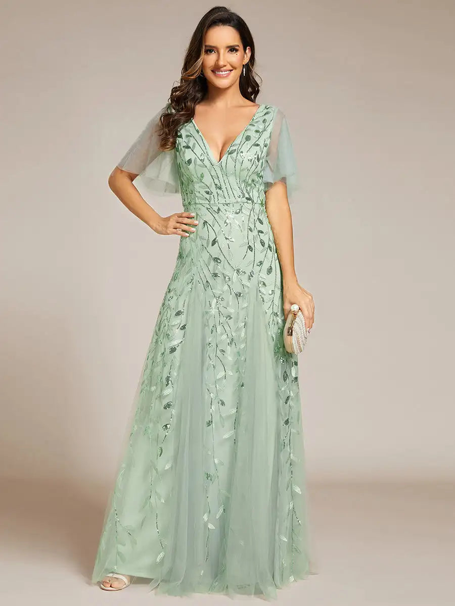 Tessa | Sequin Ruffle Sleeve Evening Dress