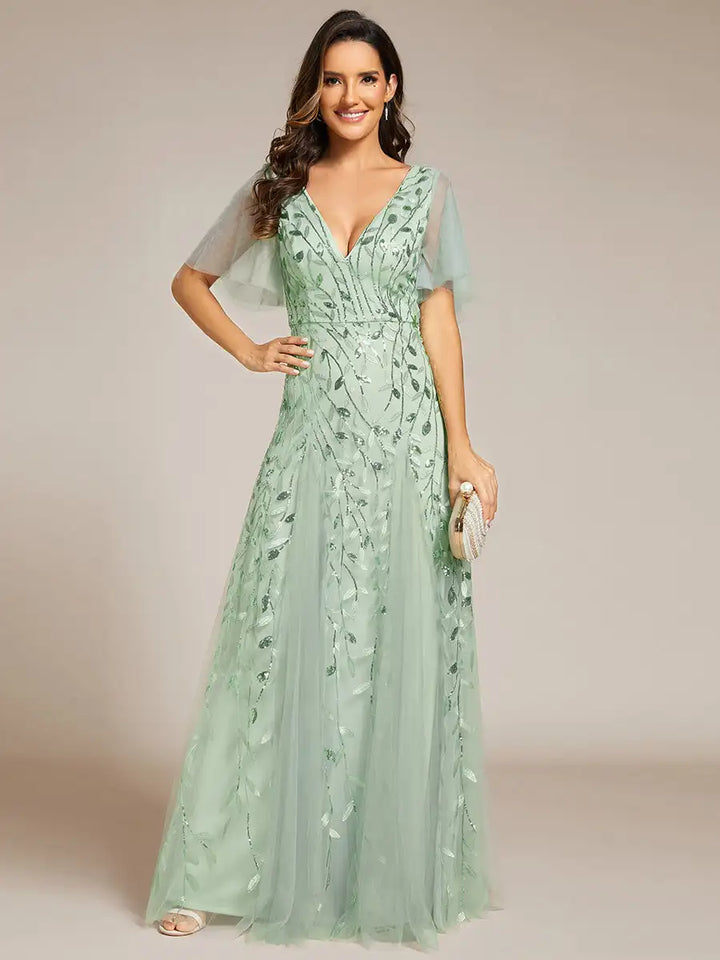 Tessa | Sequin Ruffle Sleeve Evening Dress