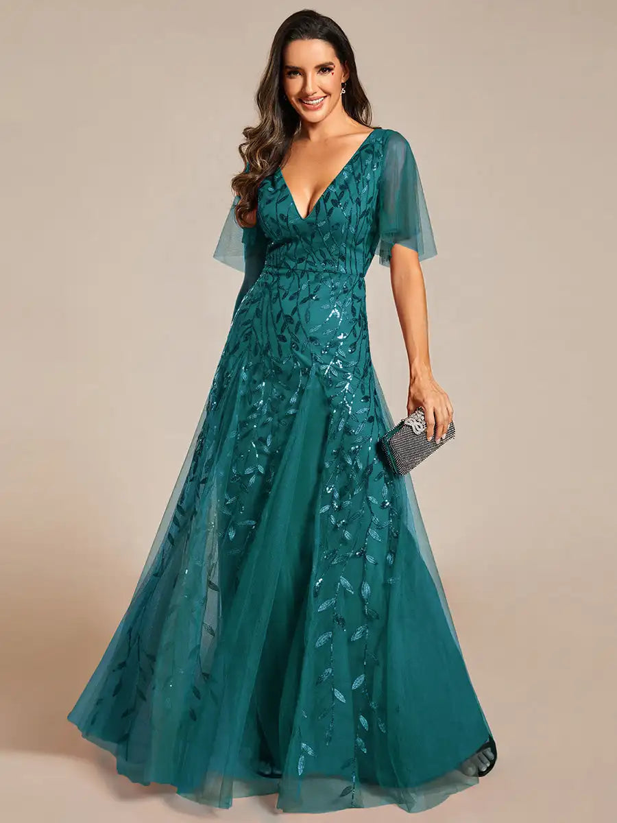 Tessa | Sequin Ruffle Sleeve Evening Dress