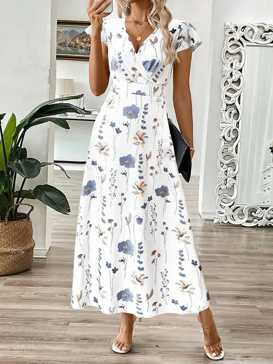 Ivy | Leaf Print Cinched-Waist Maxi Dress