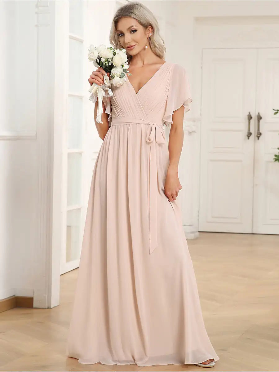 Celeste | Chiffon Ruffle Sleeve Evening Gown