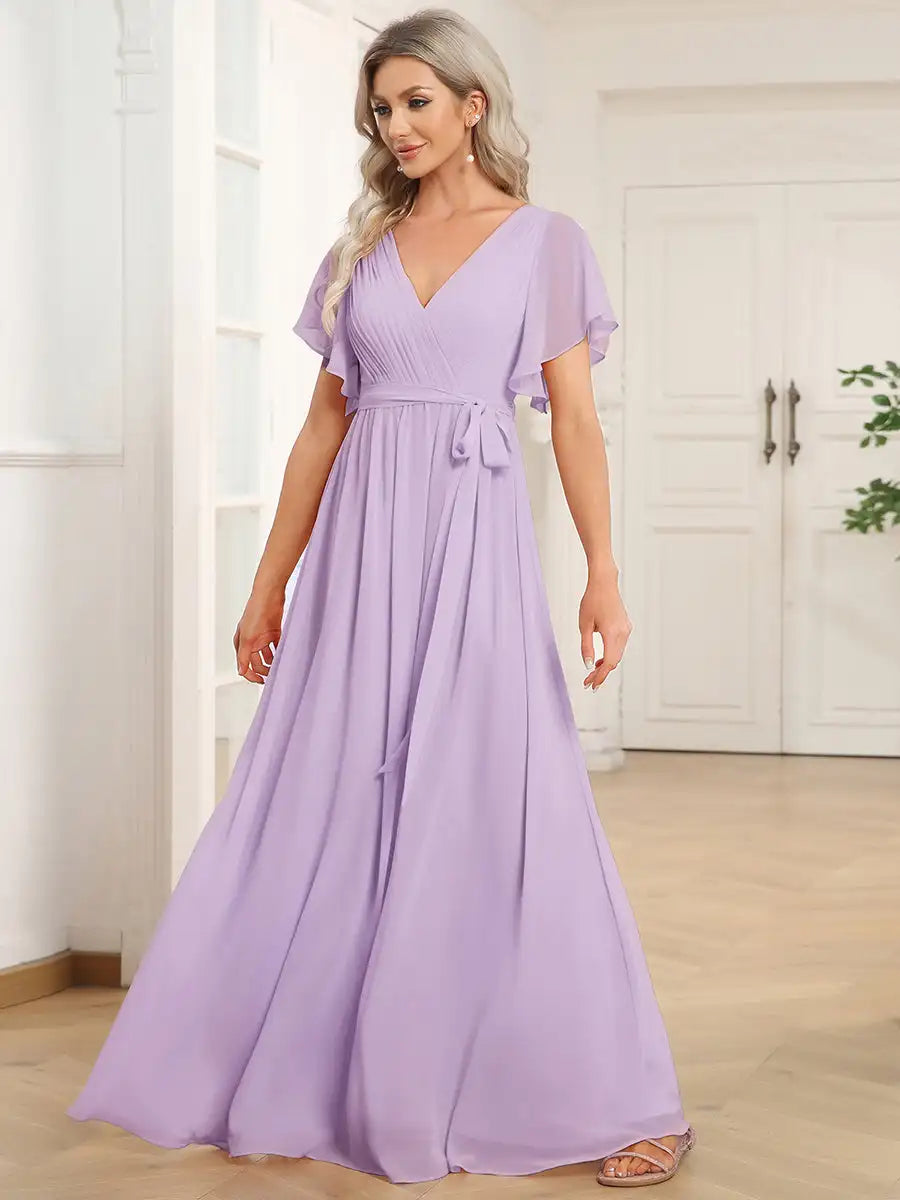 Celeste | Chiffon Ruffle Sleeve Evening Gown