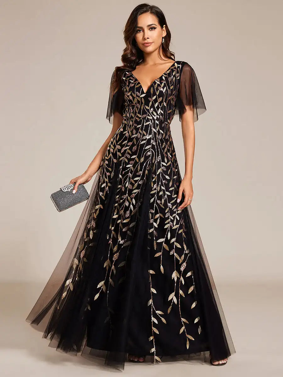 Tessa | Sequin Ruffle Sleeve Evening Dress