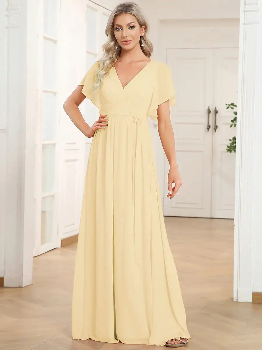 Celeste | Chiffon Ruffle Sleeve Evening Gown