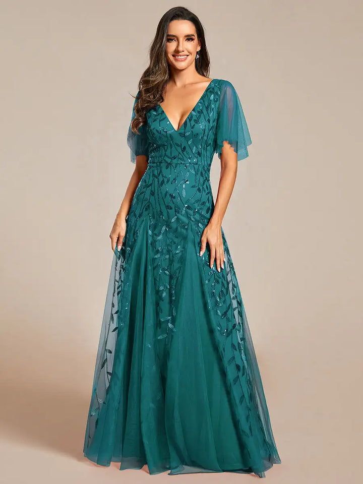 Tessa | Sequin Ruffle Sleeve Evening Dress