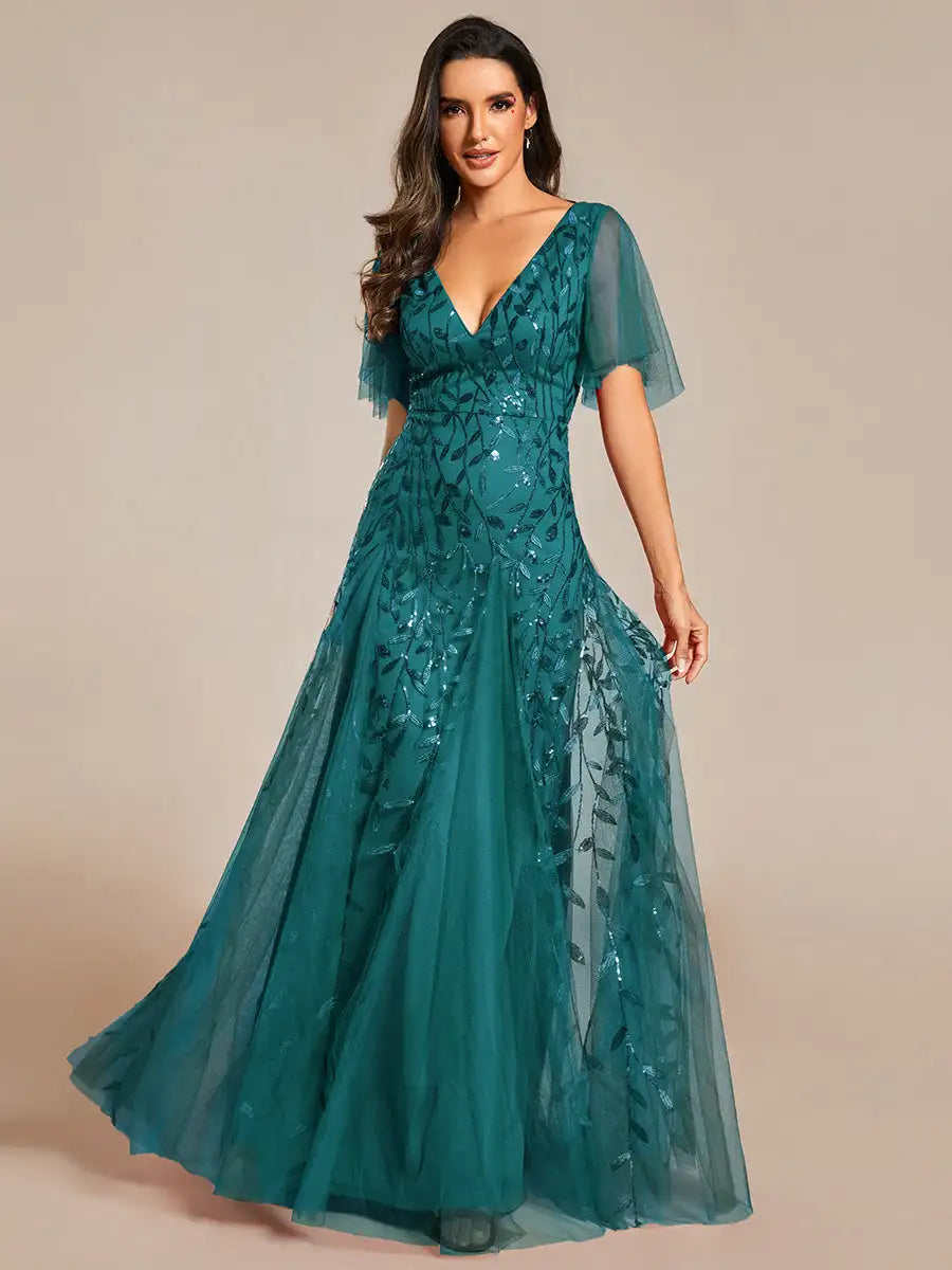 Tessa | Sequin Ruffle Sleeve Evening Dress