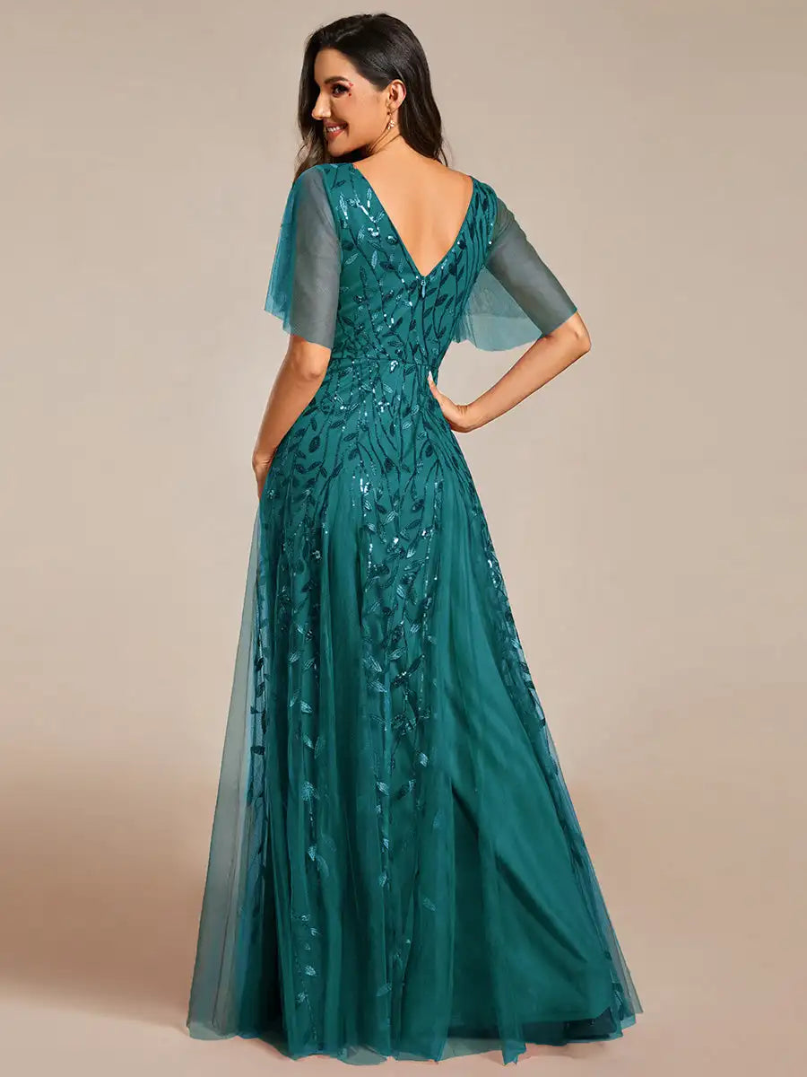 Tessa | Sequin Ruffle Sleeve Evening Dress