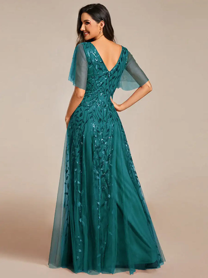 Tessa | Sequin Ruffle Sleeve Evening Dress