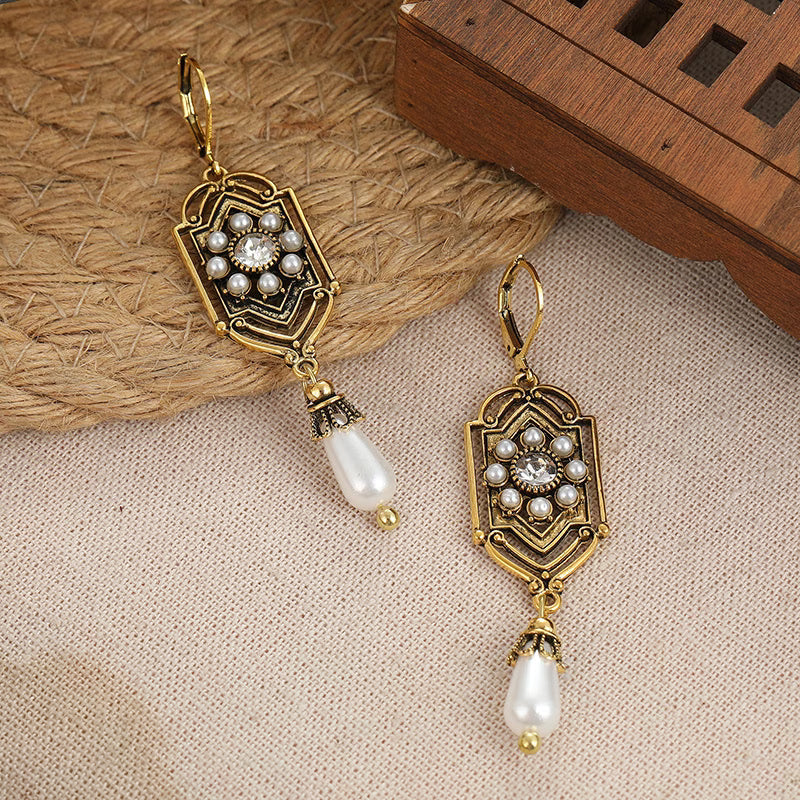 Vintage Golden Inlaid Pearl Earrings