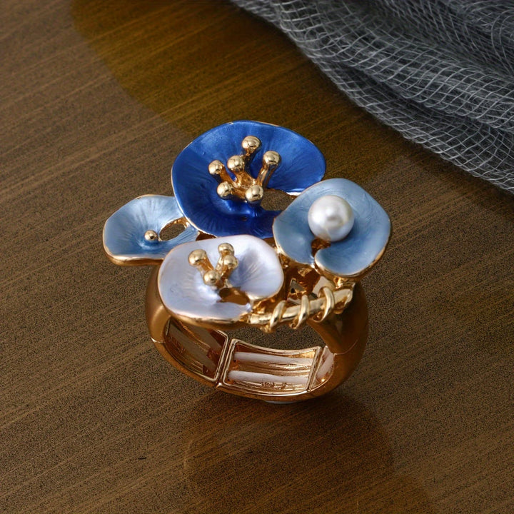 Blue Floral Pearl Adjustable statment Ring