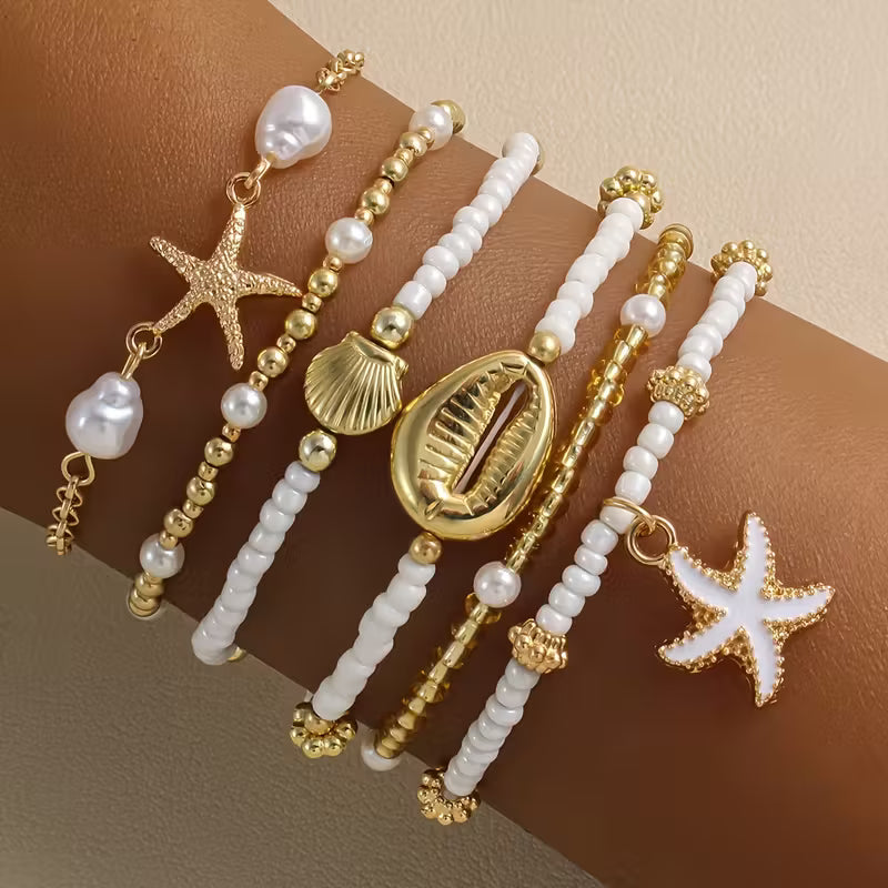 Coastal Gold & Pearl Bracelet Set of 6
