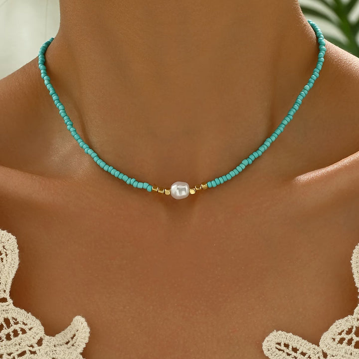 Minimal Turquoise and Pearl Necklace
