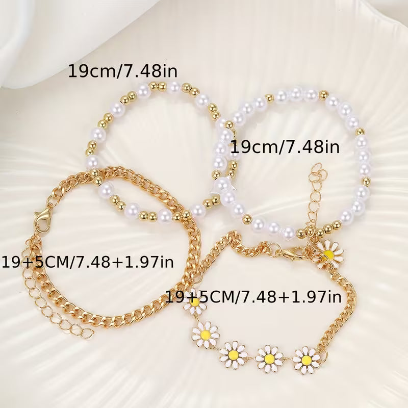 Pearl Daisy Stacking Bracelet Set of 4