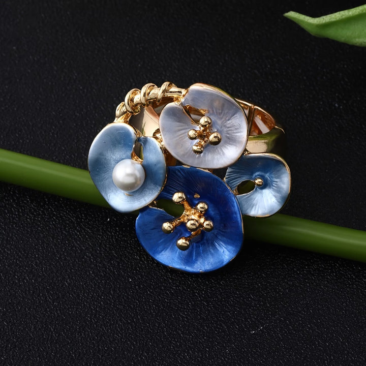 Blue Floral Pearl Adjustable statment Ring